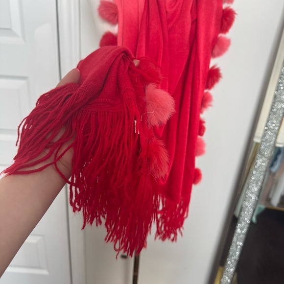 Red and Pink Scarf with rabbit fur Pom-Poms y2k glam - Picture 6 of 7